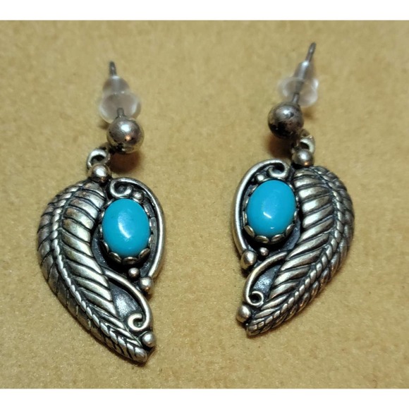 Vintage Native American Turquoise Feather Earrings, Sterling Silver, Signed CH - Picture 1 of 4